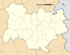 Mapa konturowa regionu Owernia-Rodan-Alpy, blisko lewej krawiędzi na dole znajduje się punkt z opisem „Sénezergues”