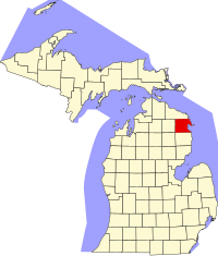 Kort over Michigan med Alpena County markeret