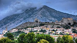 View of the hamlet Latonuovo with the Tower and the Castle, and Monte Taburno on the background