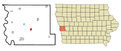 Location of Logan within Harrison County and Iowa