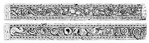 Reliefs of the Mora doorjamb with grapevine design, Mora, near Mathura, circa 15 CE. State Museum Lucknow, SML J.526.[46] Similar scroll designs are known from Gandhara, from Pataliputra, and from Greco-Roman art.