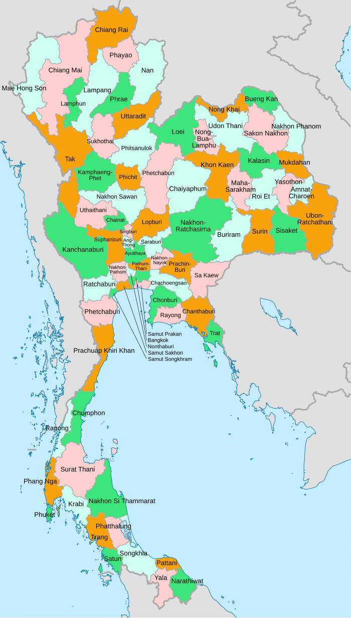 Mapa Tajlanda i njegovih provincija.