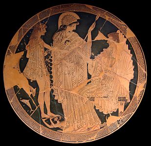 Thésée chez Amphitrite, sous le regard d'Athéna Coupe attique par Onésimos et Euphronios 500-490 av. J.-C.