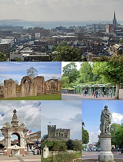 Näkymä keskustaan Castle Hillistä; Dudley Priory; Dudleyn eläintarha; Dudleyn kauppatori; Dudleyn linna; William Wardin patsas.