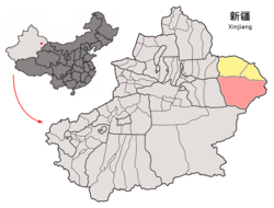Location of Yizhou (red) in Hami (yellow) and Xinjiang