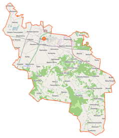 Mapa konturowa gminy Mszczonów, u góry nieco na lewo znajduje się punkt z opisem „Mszczonów”