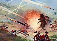 painting depicting attack by modern weapon resulting in army getting blasted