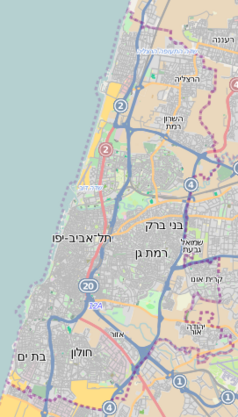 Mapa konturowa Tel Awiwu, w centrum znajduje się punkt z opisem „Uniwersytet Telawiwski”