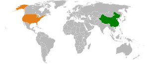 Mapa indicando localização da China e dos Estados Unidos.