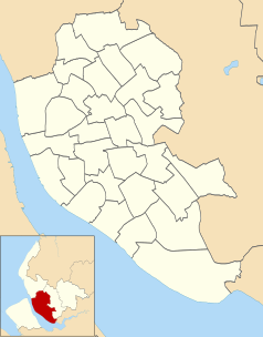 Mapa konturowa Liverpoolu, po prawej nieco na dole znajduje się punkt z opisem „Woolton”