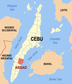 Mapa ng Cebu na nagpapakita sa lokasyon ng Argao.