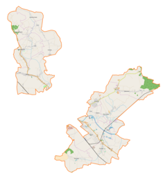 Mapa konturowa gminy wiejskiej Jarosław, po lewej znajduje się punkt z opisem „Pełkinie”