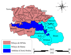 A map of the Hodna region showing the communes of the two provinces