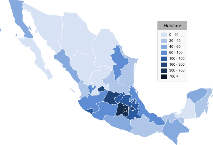 Mapa do México dividido por entidades federativas, colorido segundo sua densidade populacional