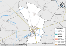 Carte en couleur présentant le réseau hydrographique de la commune