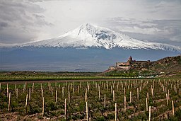 Araratslätten med klostret Khor Virap i Armenien och Ararat i Turkiet