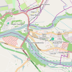 Mapa konturowa Nowego Dworu Mazowieckiego, po lewej znajduje się punkt z opisem „Modlin”