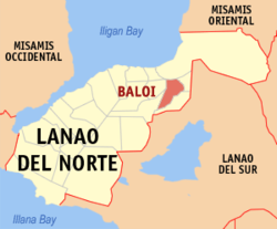 Mapa ng Lanao del Norte na nagpapakita sa lokasyon ng Baloi.