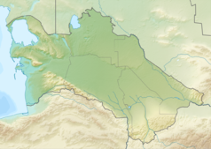 Mapa konturowa Turkmenistanu, blisko centrum po lewej na dole znajduje się czarny trójkącik z opisem „Kopet-dag”