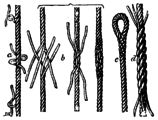 D'esquerra a dreta: entolladura llarga(de dos caps de corda), entolladura curta progressiva, baga, entolladura curta