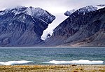 Gull Glacier ("Hand of God") at Tanquary Fiord opposite to Parks Canada campsite, Quttinirpaaq National Park, Nunavut, Canada.
