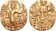 "Gadakhara" coin with the name of the Samudra (Ocean) ( Samudra) under the arm of the king. Circa 350-375 CE.