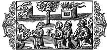 A woodcut of people praying