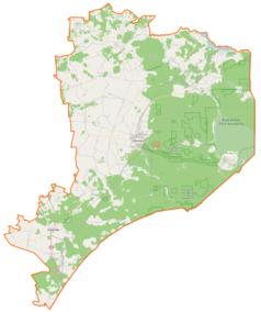 Mapa konturowa powiatu hajnowskiego, na dole po lewej znajduje się punkt z opisem „Czeremcha-Wieś”