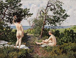 Dos jóvenes bañistas entre arbustos cerca de la costa de Hornbæk, s/f. Óleo sobre lienzo, 57 x 74 cm.