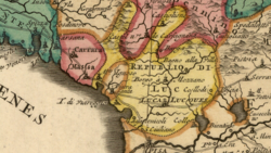 Detail of a French map of Italy from c. 1700–1750 showing the territory of the Republic of Lucca. The map was designed by Nicolas Sanson (1600–1667) and published after his death by Covens & Mortier.