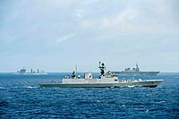 INS Shakti (A57), INS Sahyadri (F49) and JMSDF JS Hyūga transit together.