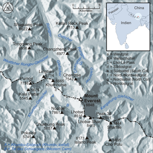 Lage des Khumbu-Gletschers und des Khumbu-Eisbruchs westlich des Mount Everest