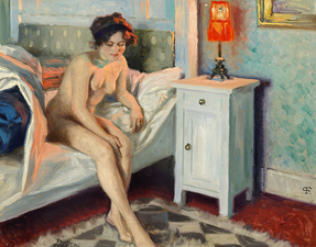 Modelo en la cama bajo el resplandor de una lámpara roja, 1878-1934. Óleo sobre lienzo, 34 x 42 cm.