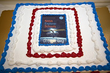 An International Space Station-themed NASA slab cake for students at Kennedy Space Center