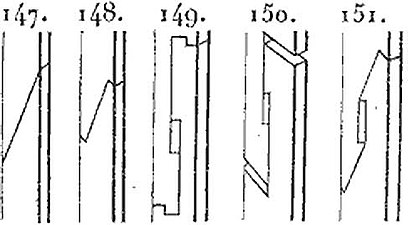 Assemblage en bout en flute ou en sifflet: 147 – sifflet simple; 148 – sifflet à crochet consolidé par des frettes en fer; 149,150,151 – traits de Jupiter[2]