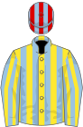 Yellow and light blue stripes, light blue and yellow striped sleeves, light blue and red striped cap