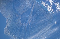Satelitní snímek Caldera de Taburiente a pokud ostrova La Palma.