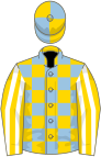 Light blue and yellow check, yellow and white striped sleeves, light blue and yellow quartered cap