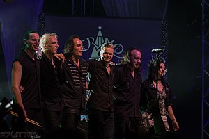 Lacrimosa live in 2015. L-R: Julien Schmidt (drums), Jay P. (guitar), Yenz Leonhardt (bass), Tilo Wolff (vocals), Henrik Flyman (guitar), Anne Nurmi (keyboard).