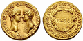Aureus emis sub Nero, în 54, la Lugdunum, azi Lyon; avers, capetele confruntate; stânga: capul lui Nero spre dreapta și capul Agrippinei spre stânga; circular: AGRIPP AVG DIVI CLAVD NERONIS CAES MATER; revers, circular: NERONI CLAVD DIVI F CAES AVG GERM IMP TR P, în centru, într-o cunună de stejar: EX • SC