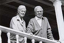 Black and white photograph of Arthur and Yvonne Boyd standing on the balcony of the Bundanon Homestead
