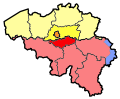 Image 23Map showing the division of Brabant into Flemish Brabant (yellow), Walloon Brabant (red) and the Brussels-Capital Region (orange) in 1995 (from History of Belgium)