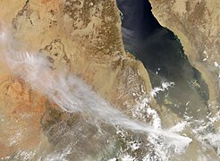 Satellite image of Ethiopia/ Eritrea showing the ash plume from Nabro on 13 June 2011.