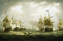 Peinture présentant les navires franco-espagnols et britanniques s'affrontant lors de la bataille de Trafalgar.