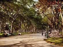 The tree-lined mall with people walking and others seated on benches on either side