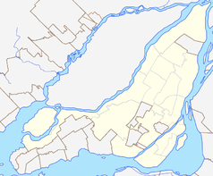 Mapa konturowa Montrealu, po prawej nieco na dole znajduje się punkt z opisem „Bazylika Notre-Dame w Montrealu”