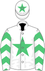 White, emerald green star, chevrons on sleeves, white cap, emerald green star