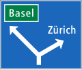 «Vorwegweiser auf Hauptstrassen»: Vorwegweiser einer Hauptstrasse, mit Hinweis auf einen nahen Autobahnanschluss (in grün)