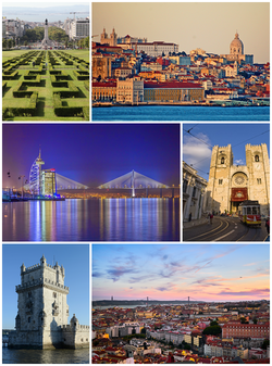 po směru ručiček: Park Eduarda VII., Praça do Comércio se čtvrtí Alfama, katedrála Sé de Lisboa, panoramatický pohled na město z Castelo de São Jorge s mostem 25. dubna, Belémská věž a Parque das Nações s mostem Vasca da Gamy.