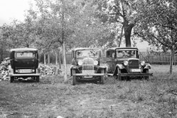 Ein Opel 8/40 PS (rechts) neben zwei Opel 1,2 Liter, um 1934